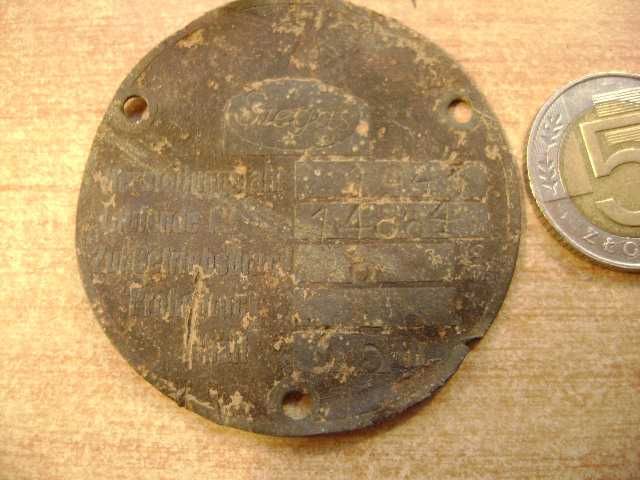 Starocie z PRL - Militaria = Tabliczka znamionowa Siegas 1943 r.