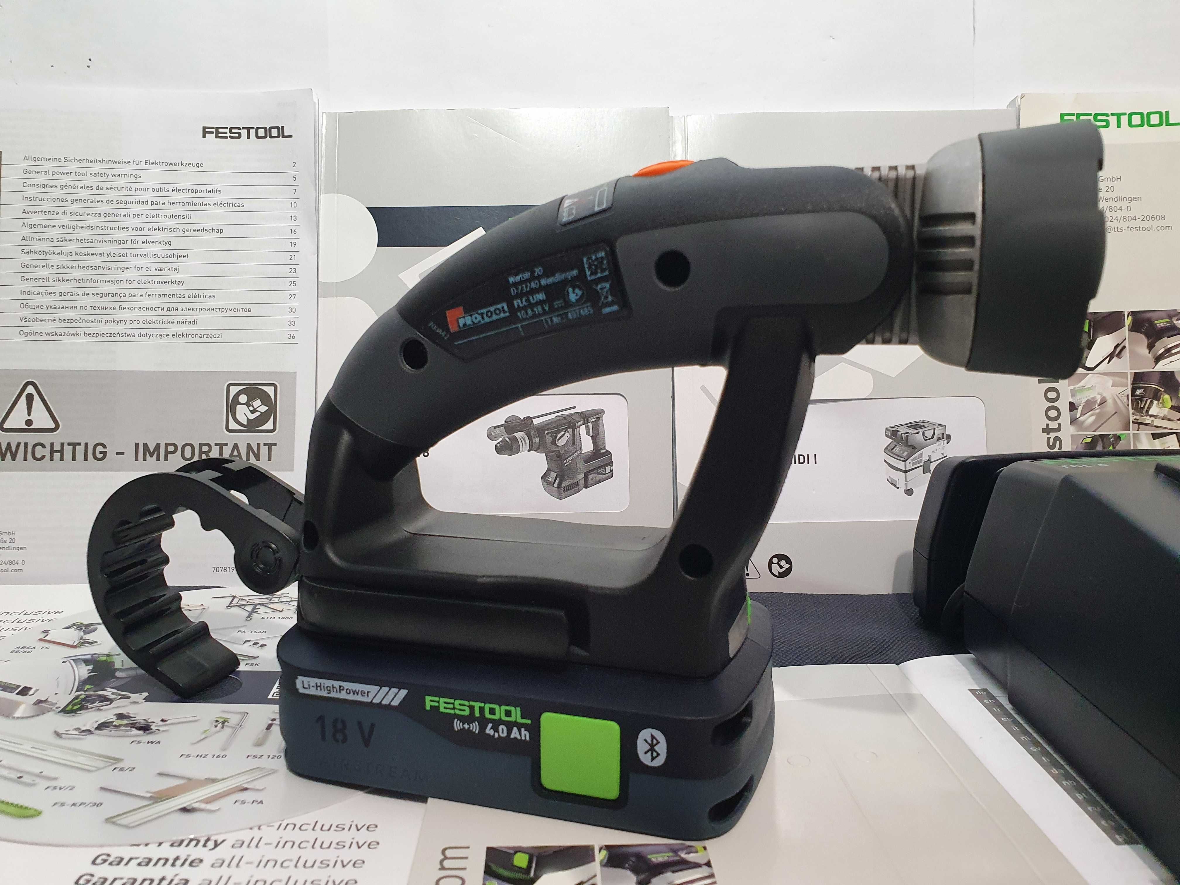 Duzy zestaw Protool Festool latarka FLC UNI,bateria 18v 4ah, ladowarka