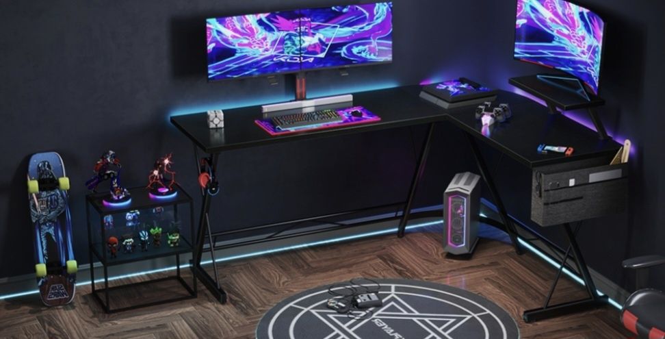 Mesa de gaming de canto preta secretária - 127 x 167 cm