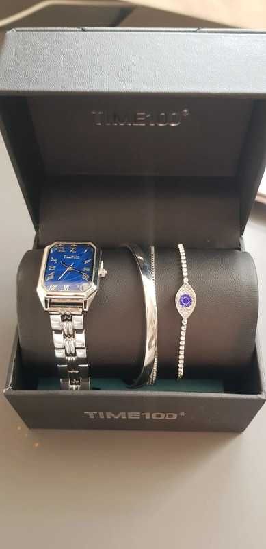 Zegarek damski TIME100 srebrny z bransoletkami elegancki komplet