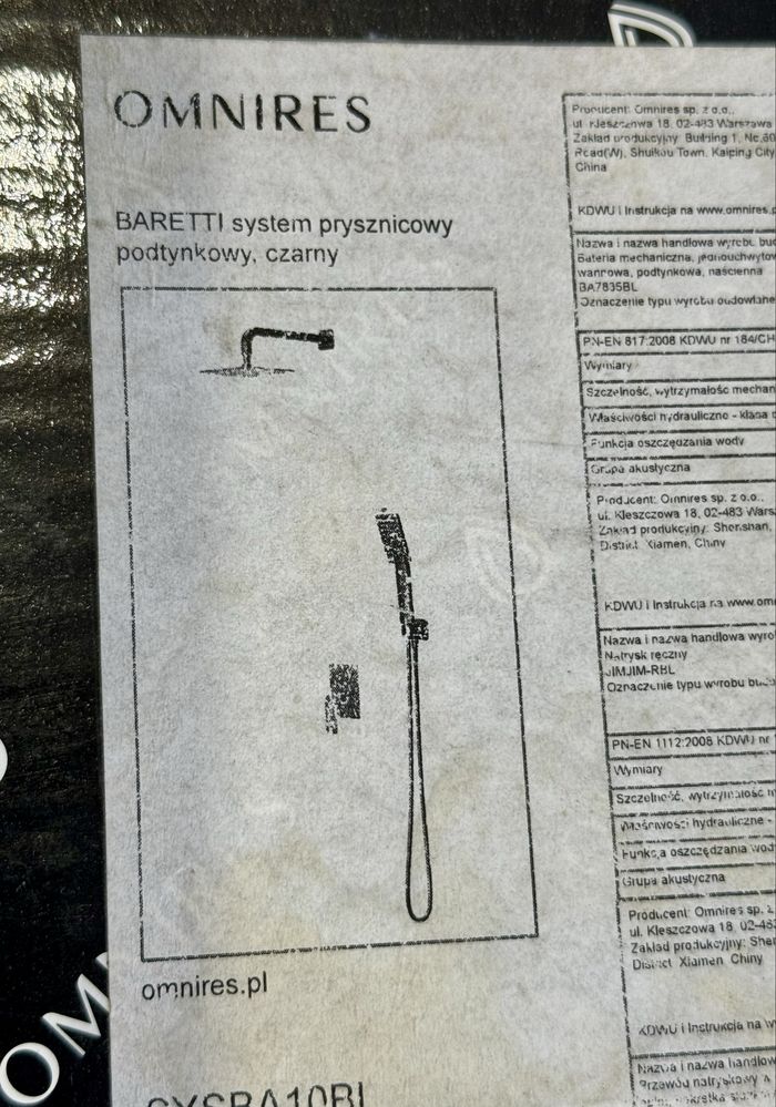 OMNIRES BARETTI - system prysznicowy podtynkowy - SYSBA10BL - Nowy