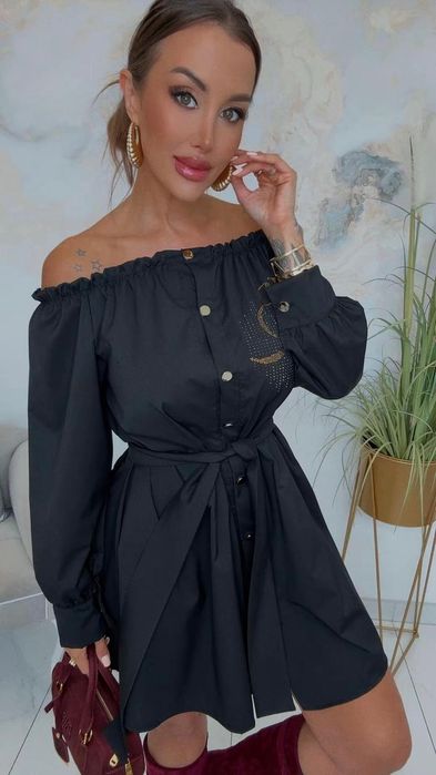 Elegancka sukienka koszula z paskiem cyrkonie kolory Lola bianka