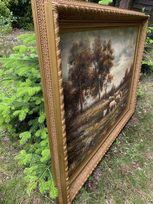 Ogromny 144/114 cm obraz olej na płótnie w rzeźbionej drewnianej ramie