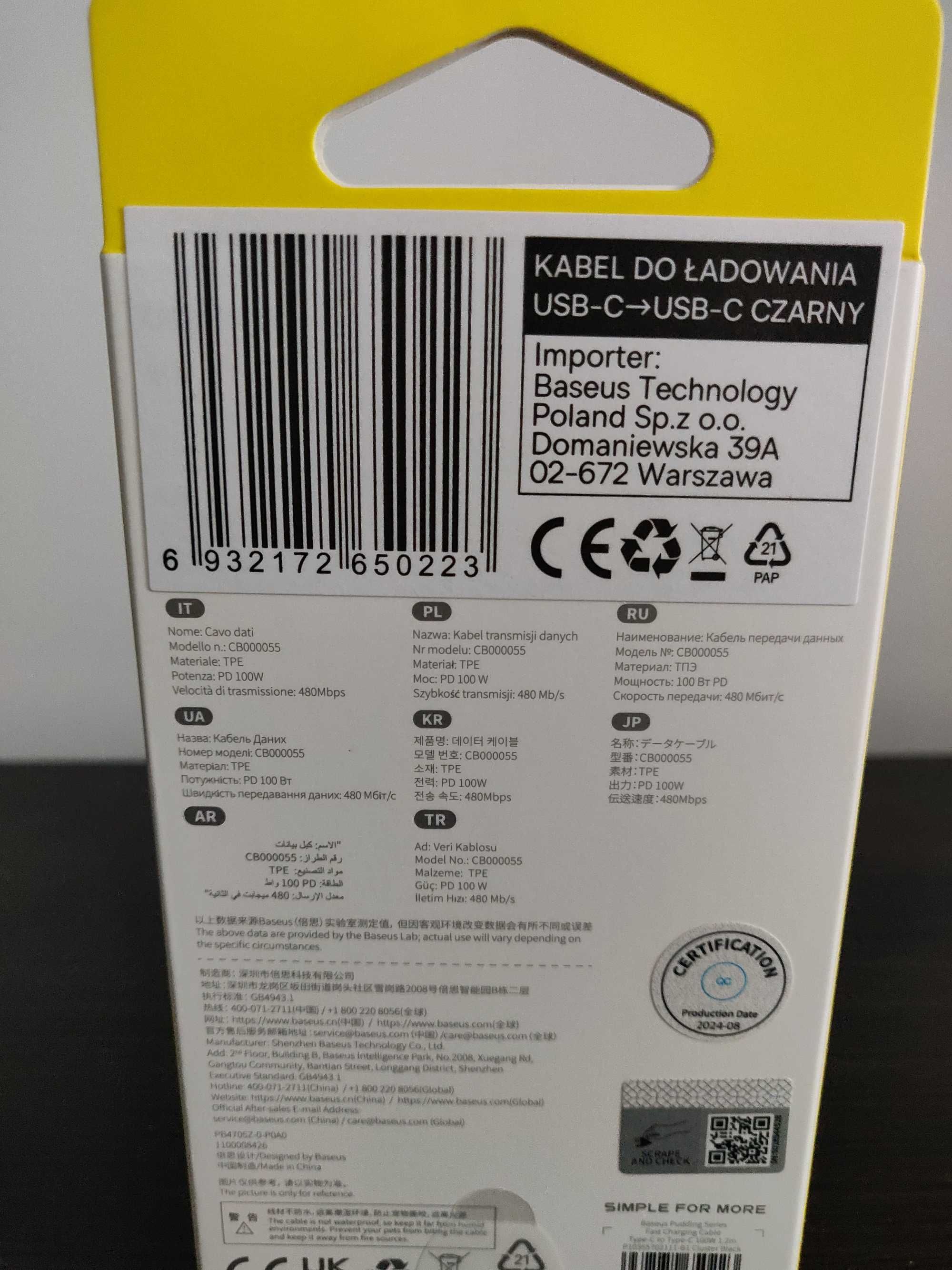 Baseus kabel do ładowania z funkcją OTG USB-C do USB-C 100W - Nowy