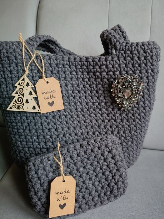 Zestaw torebka kosmetyczka na prezent święta ze sznurka handmade szara
