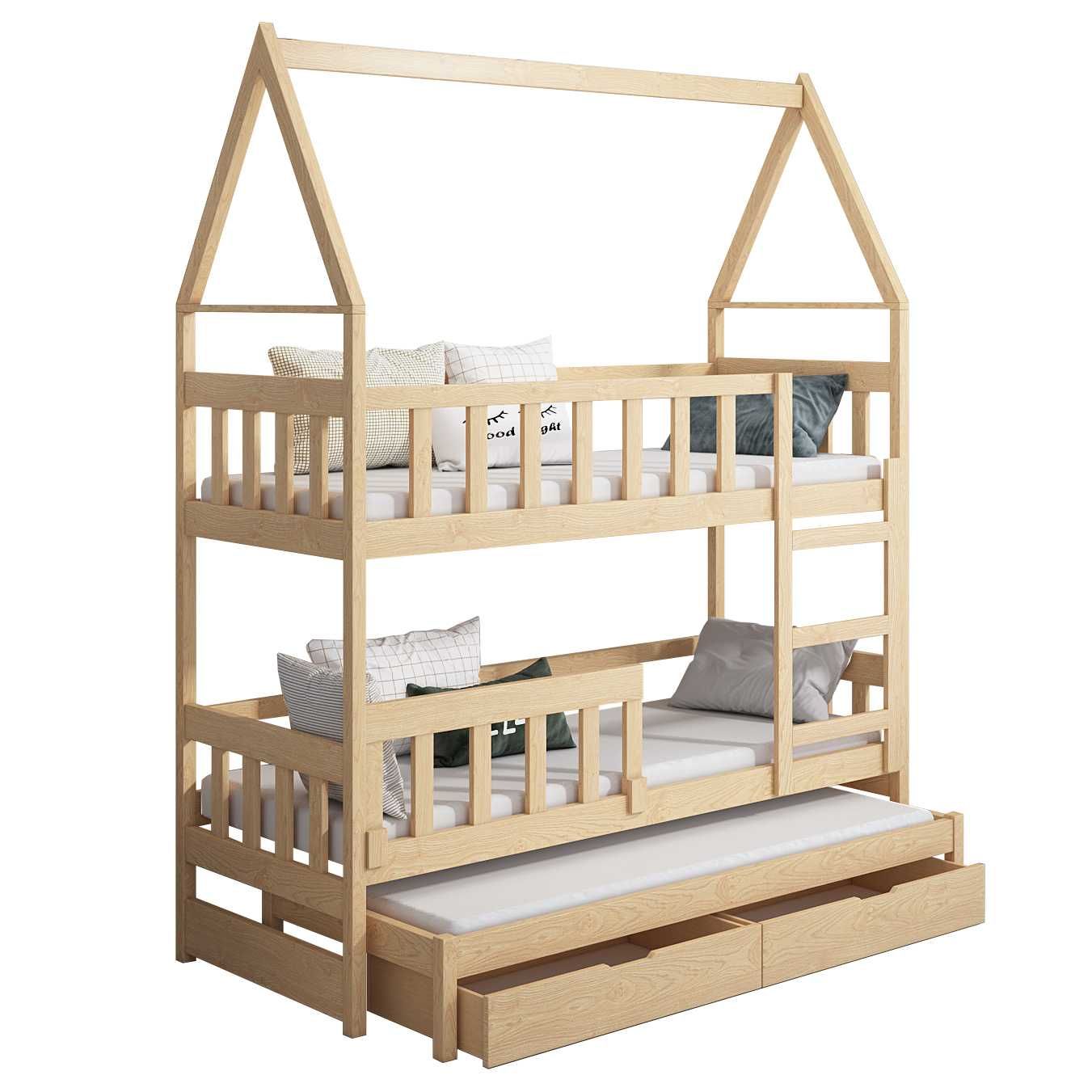Łóżko piętrowe DOMEK 3 osobowe dziecięce - materace 160x75 / 180x75