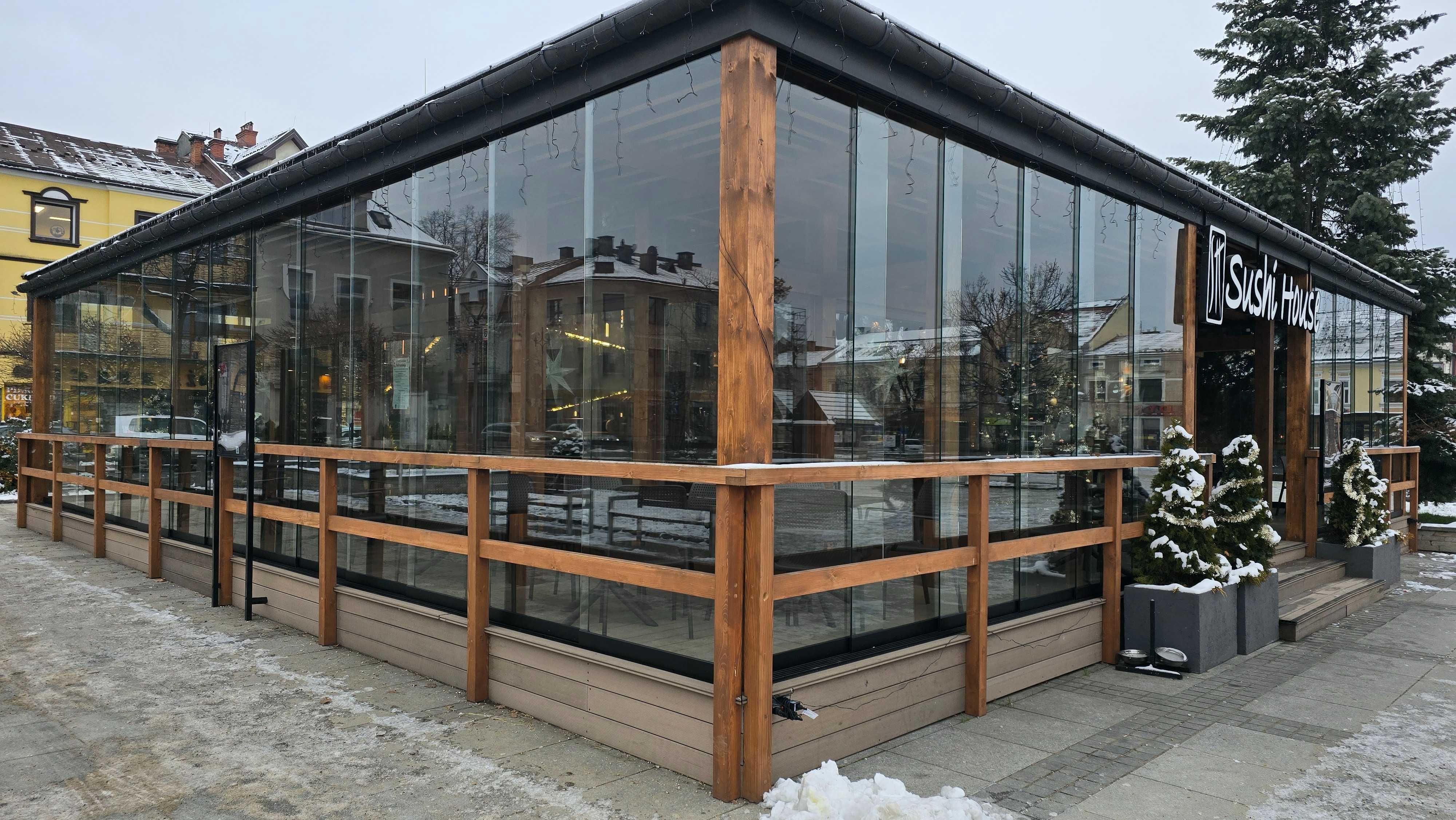 SZYBY PRZESUWNE bez ramkowe nowa Zabudowa pergoli  5m x 2.3m h komplet