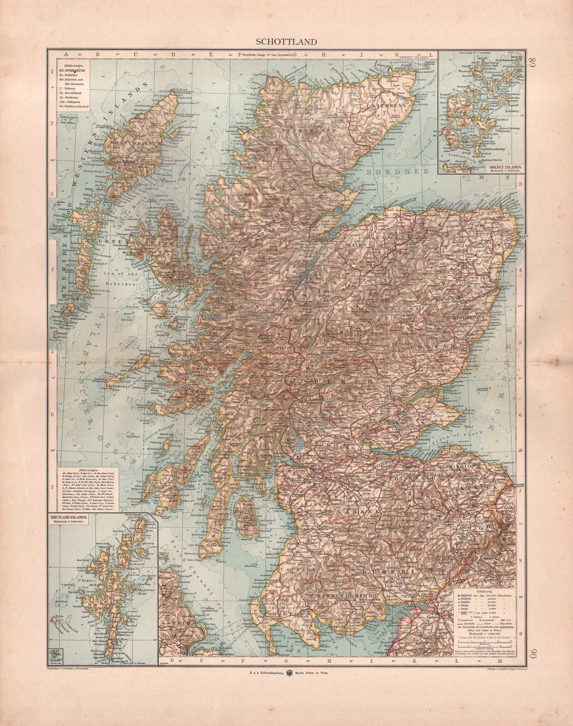 Szkocja. Duża efektowna mapa 1898 r. autentyk