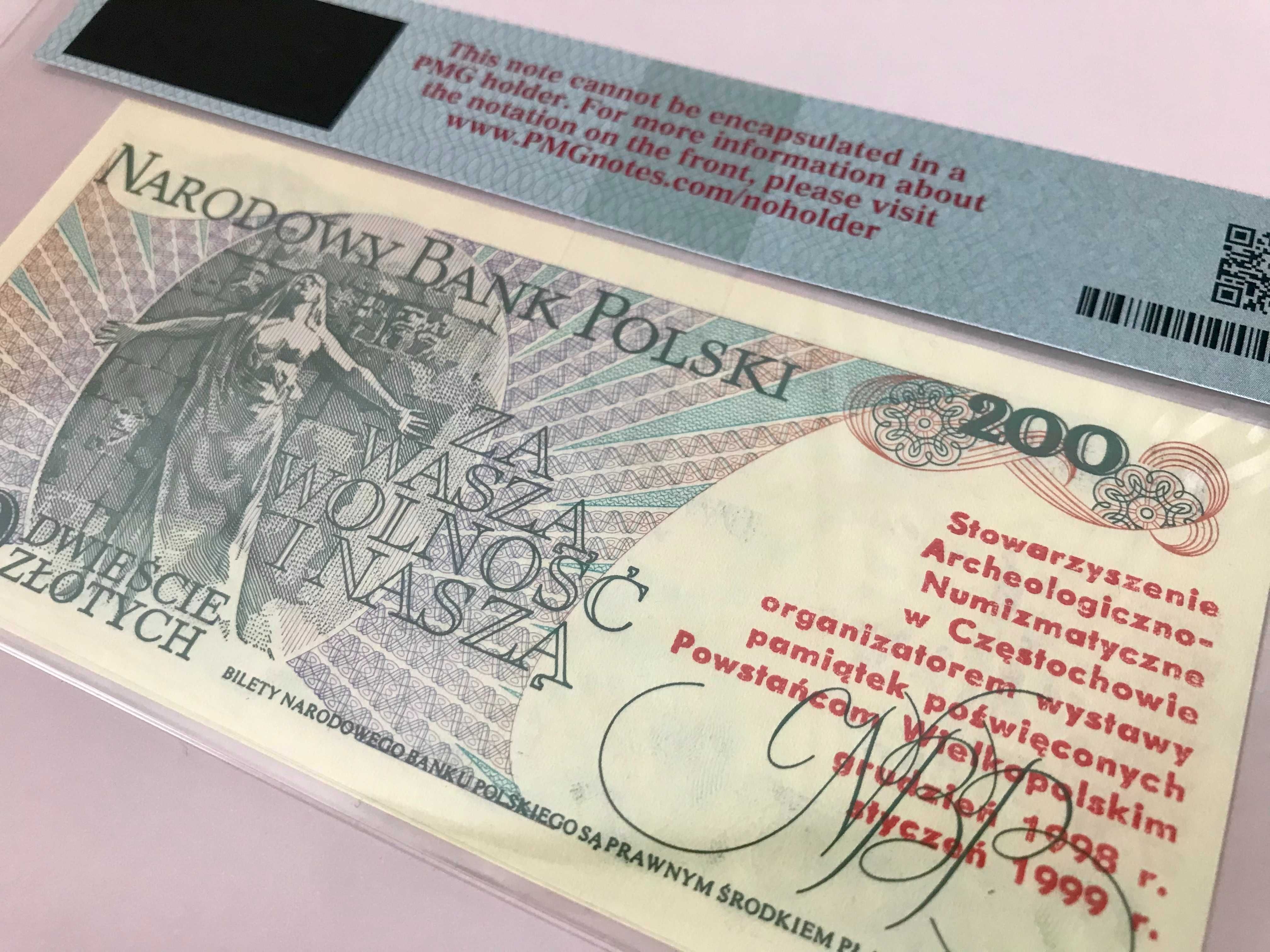 Banknot 200 zł z nadrukiem Powstanie Wielkop. 1988 rok, PMG VOID - UNC
