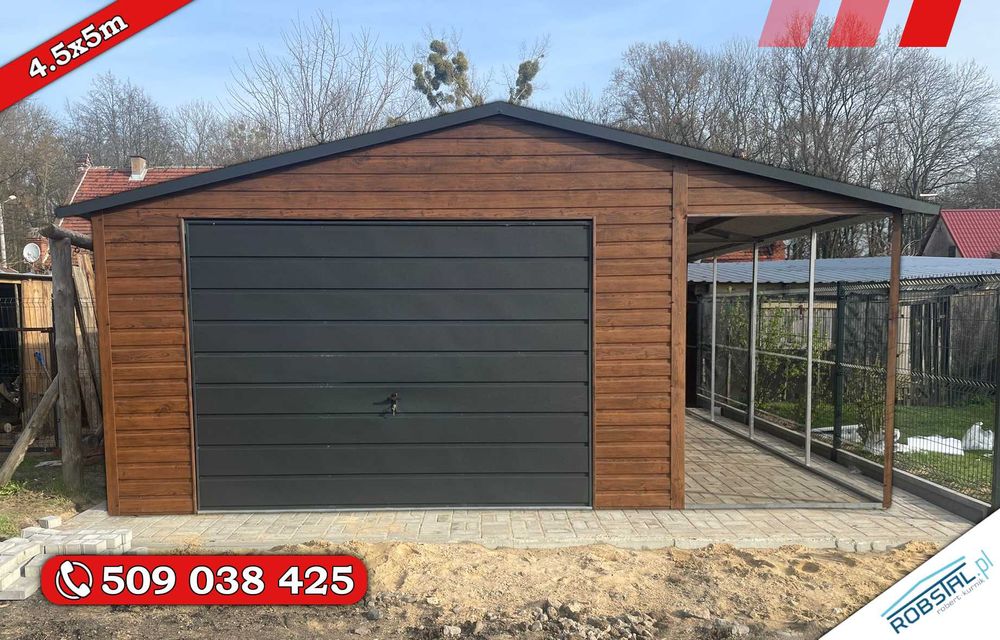 GARAŻ BLASZANY Drewnopodobny 5x5m z wiatką