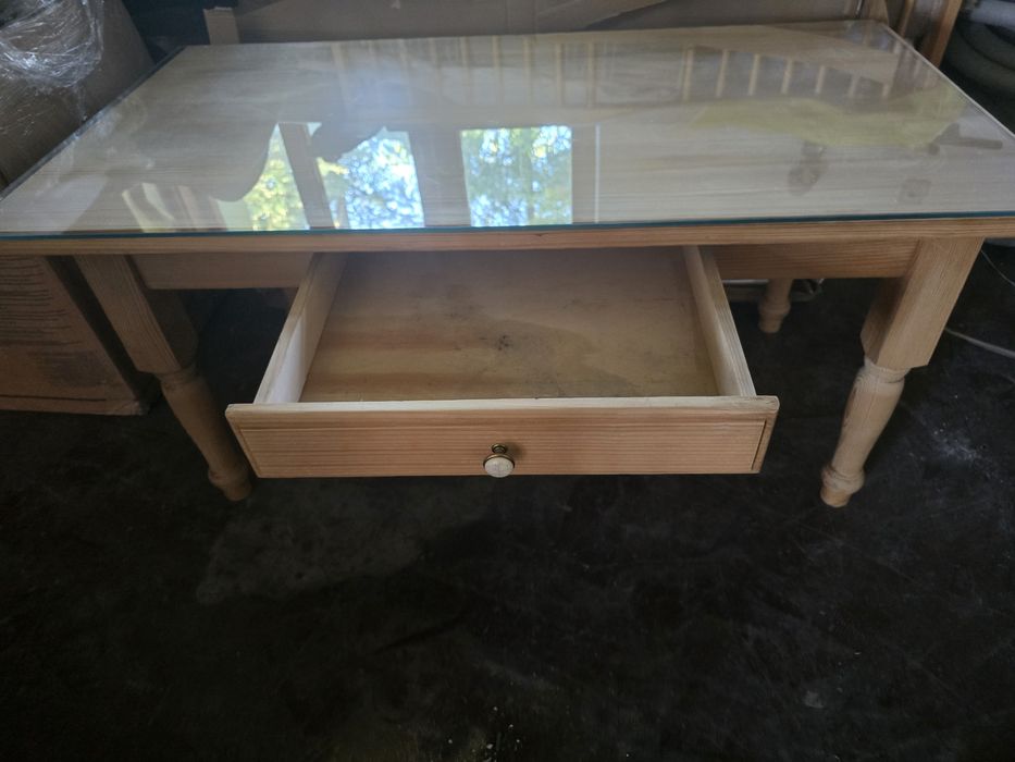 Stół  Stolik Ława drewniany z szklanym blatem