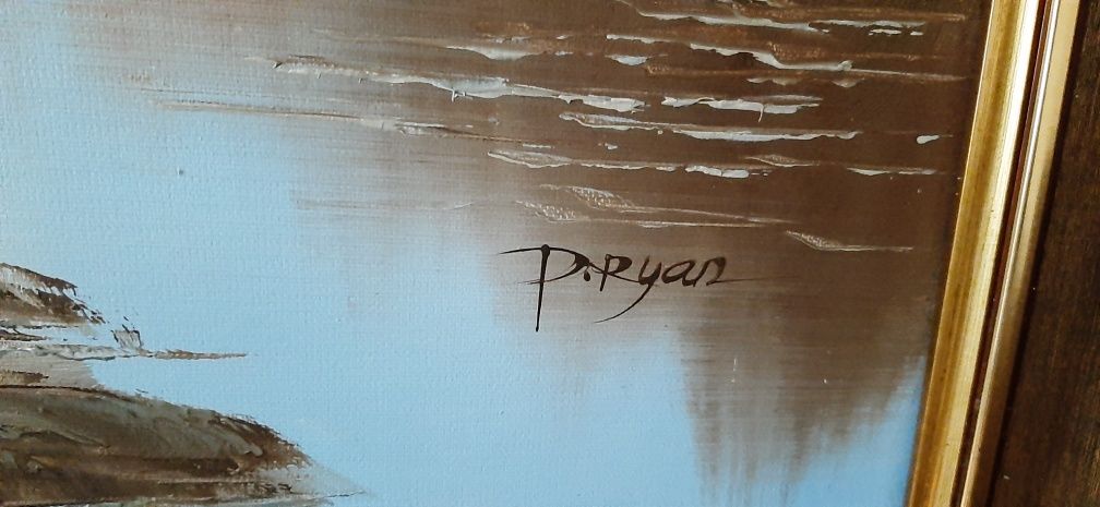 Obraz olejny w pięknej ramie góry rzeka las 61x71 cm