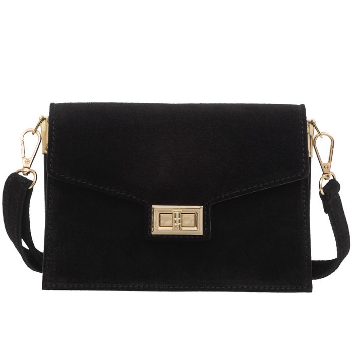 VERA PELLE torebka zamszowa listonoszka z klapą i paskiem V688 czarna