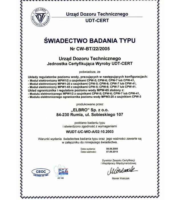 Obniżka ceny! Regulator poziomu Elbro MPW1 -20 kocioł parowy wodny UDT