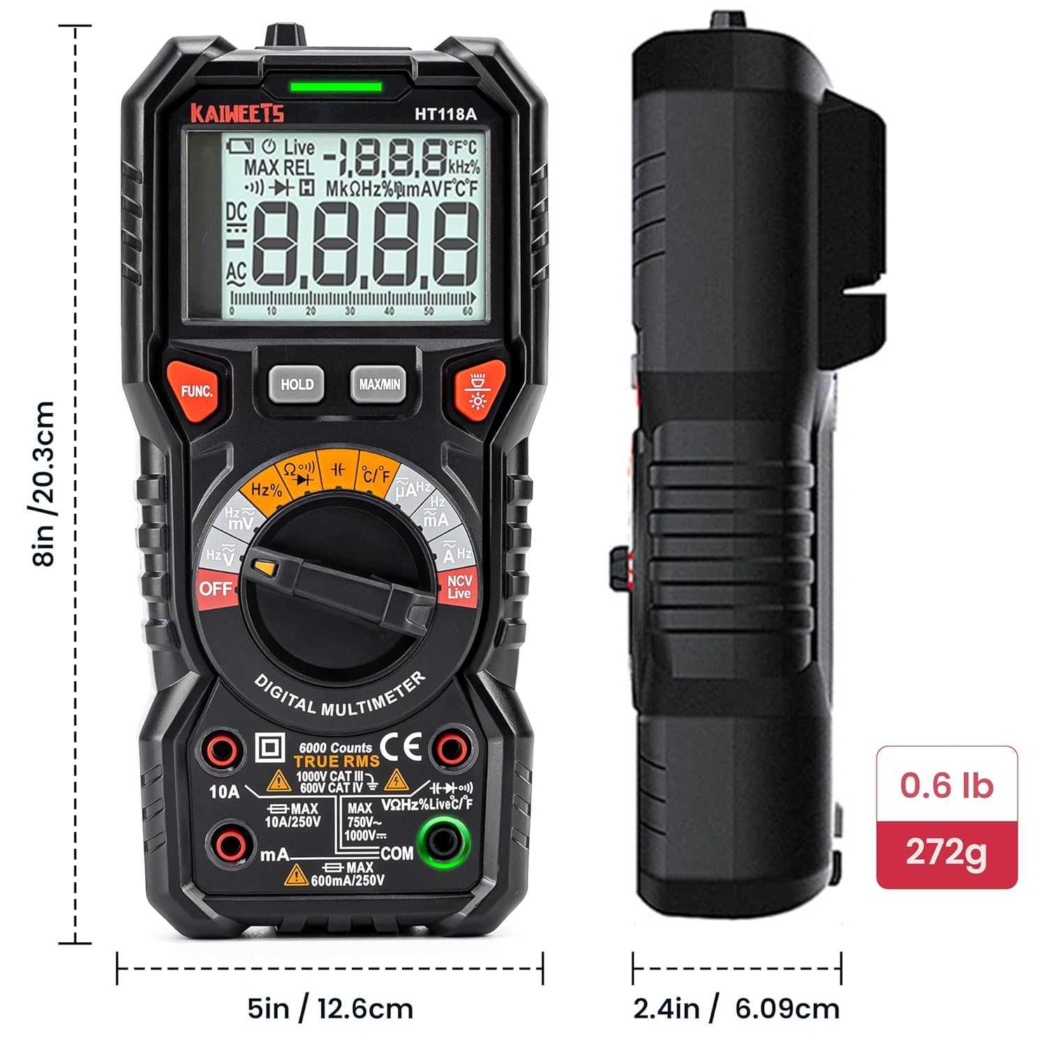 Cyfrowy multimetr z gniazdami LED  KAIWEETS HT118A