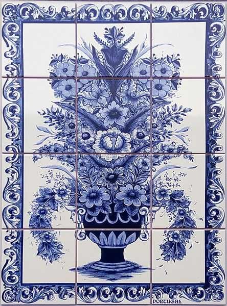 Painéis de Azulejos JARRA COM FLORES a AZUL e BRANCO Bonitos 60x45 CM