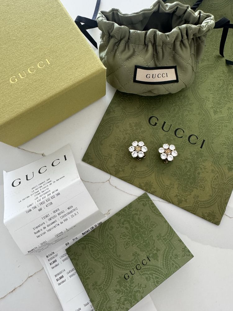 Gucci przepiękne kolczyki / klipsy z cyrkonami złote logo 2 cm