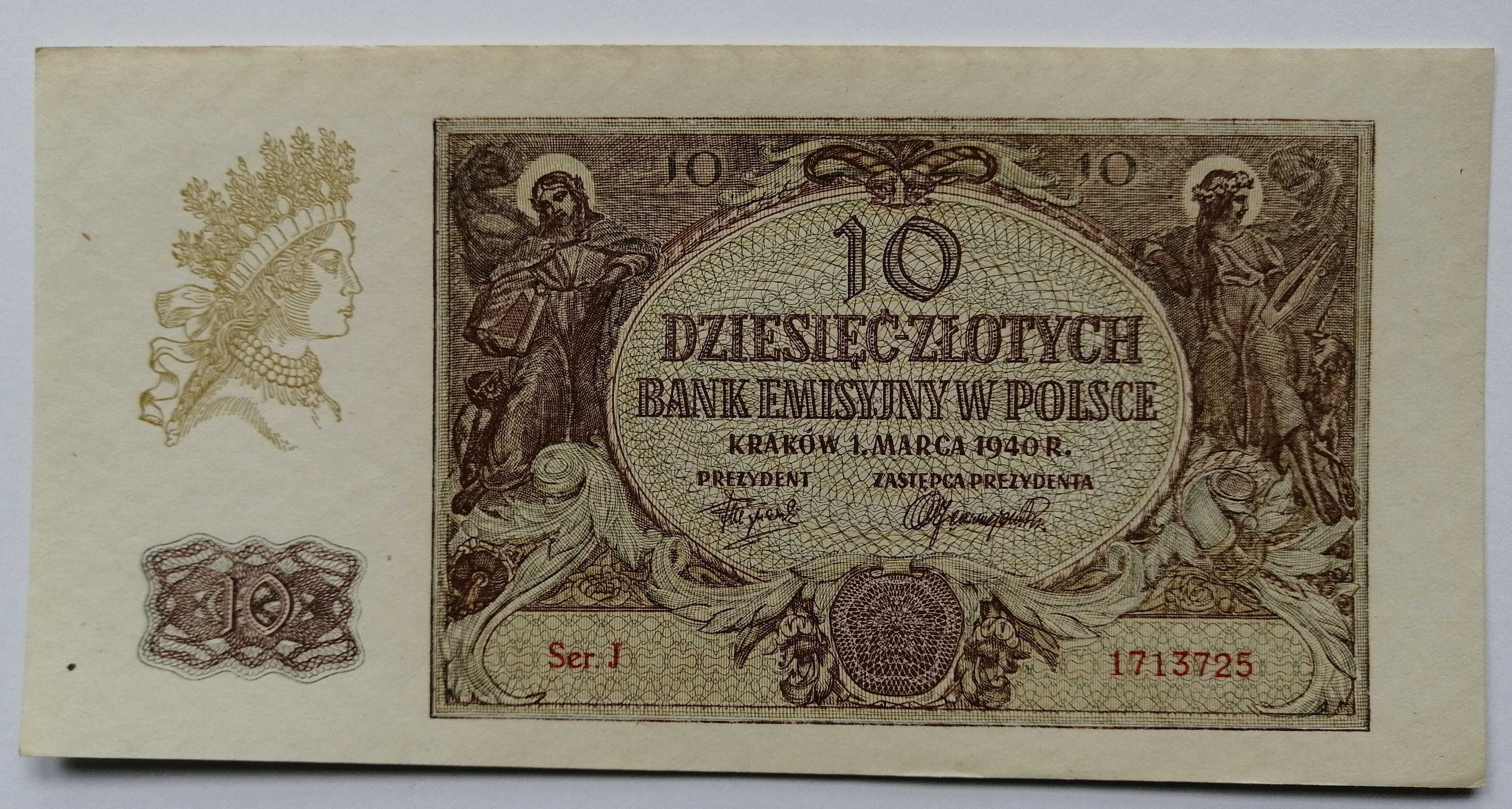 Banknot Polska - 10 złotych 1940 rok.Ser. J ( z paczki bankowej )
