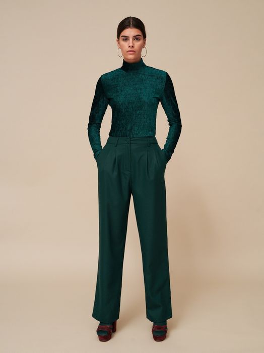 Spodnie butelkowa zieleń proste rozszerzane nogawki garniturowe wide l