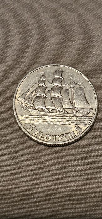 Srebrna moneta 5 zł żaglowiec 1936 r.