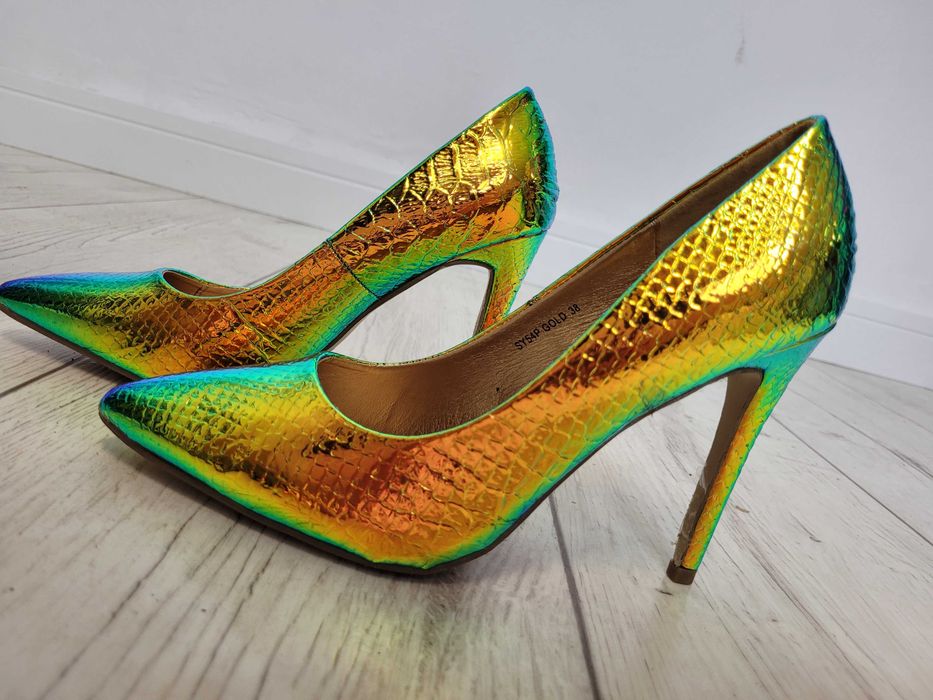 NOWE Szpilki czółenka holo holograficzne skóra węża r 36