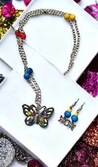 Kolorowy Komplet Biżuterii Naszyjnik Kolczyki Motyle Motylki Boho