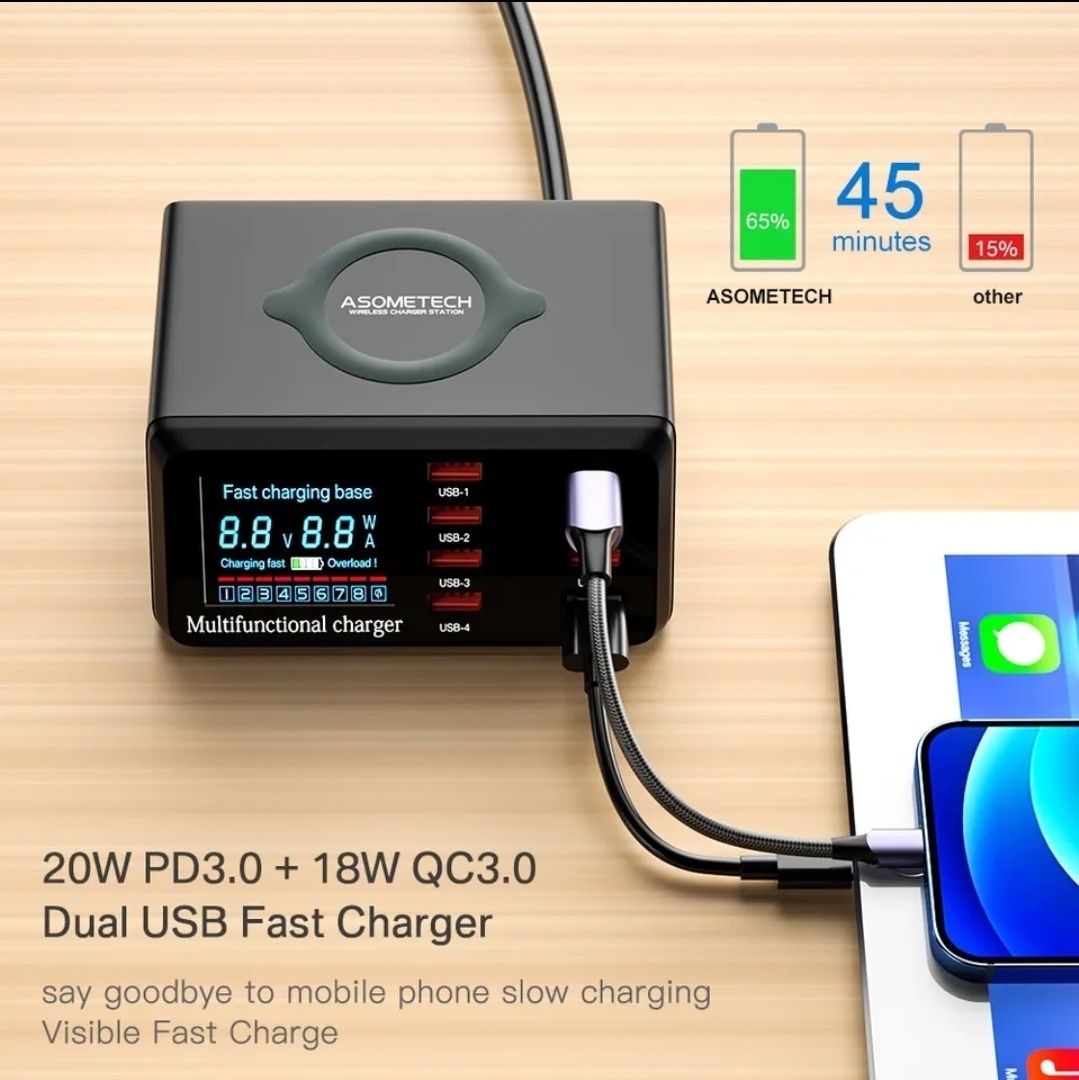 Зарядное USB  , быстрая зарядка QC 3.0  PD 3.0 + беспроводная