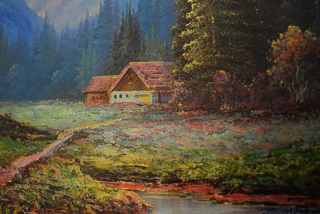 Pejzaż górski - oszklony obrazek w złotawej ramówce