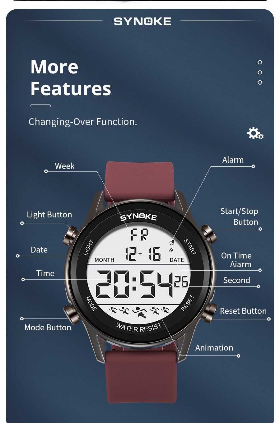 Sportowy Synoke zegarek elektroniczny wodoodporny WR50 luma cyfrowy