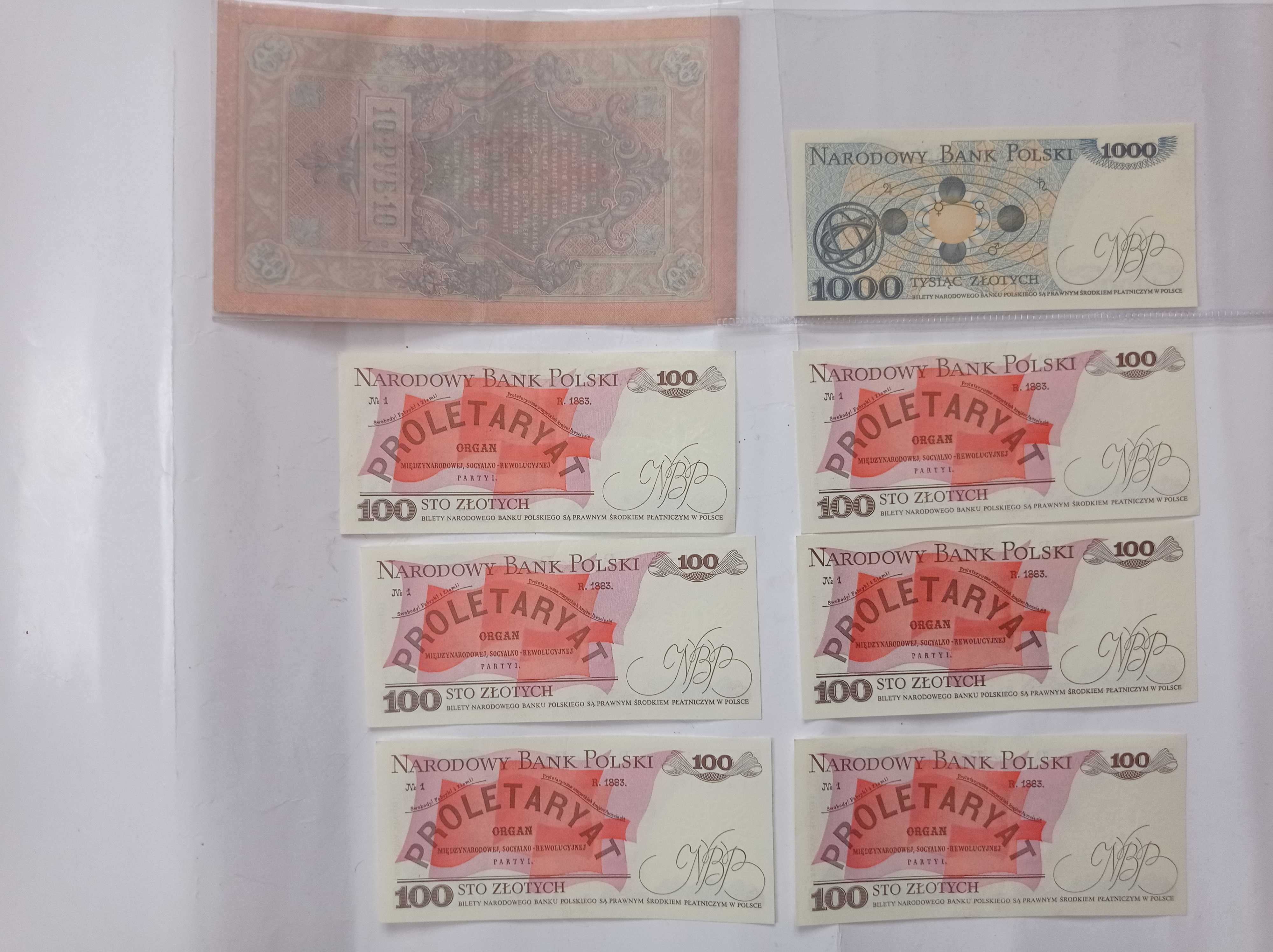 Stare banknoty - 10 rubli 1909 + 1000 zł 1982 + 6 x 100 zł 1988