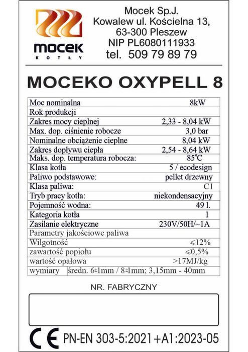 Kocioł na pellet, Moceko OXYPELL 8kW, piec dotacje OD RĘKI MOCEK ZUM