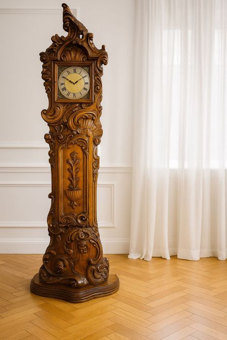 Zegar francuski neorokokowy podłogowy, kwadransowy, orzech.