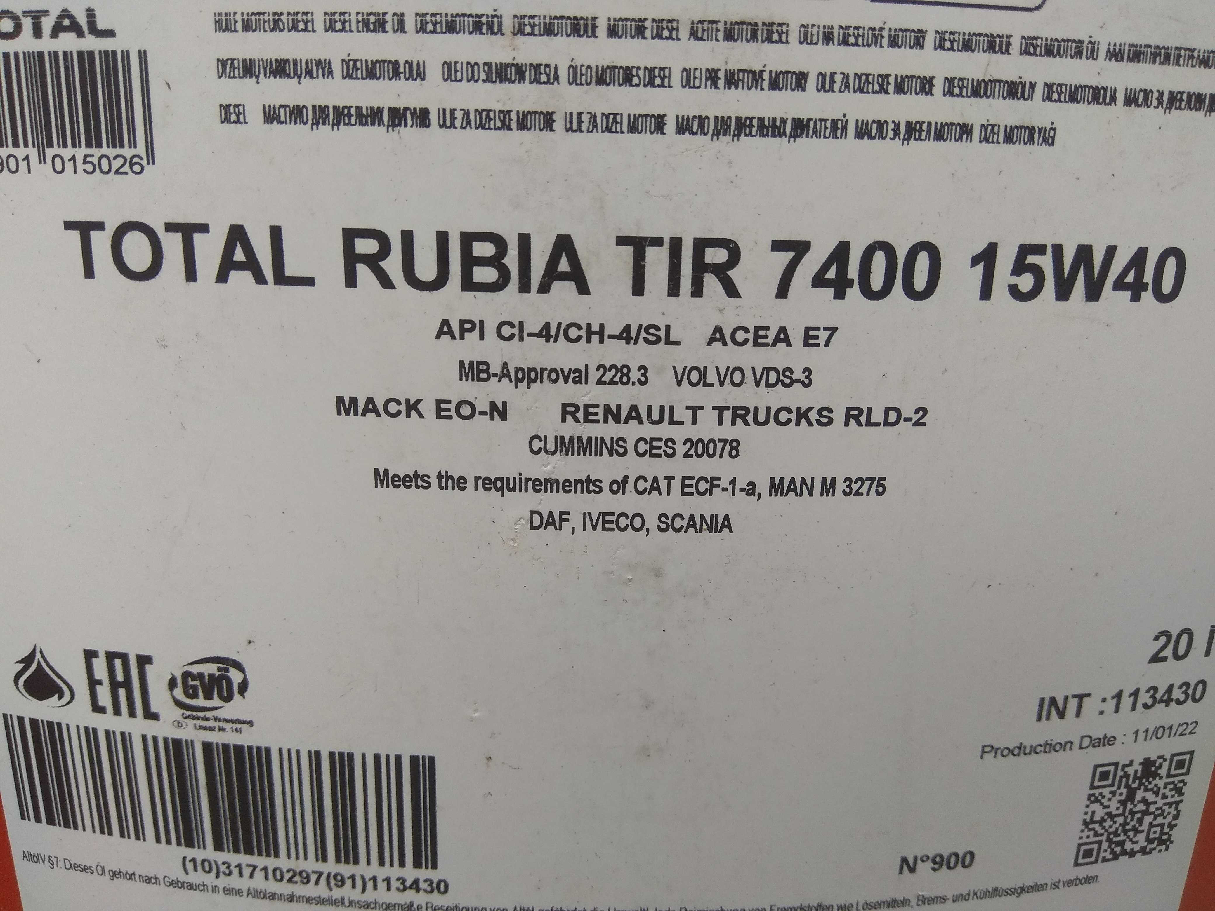 Óleo motor total rubia tir 7400 15w40