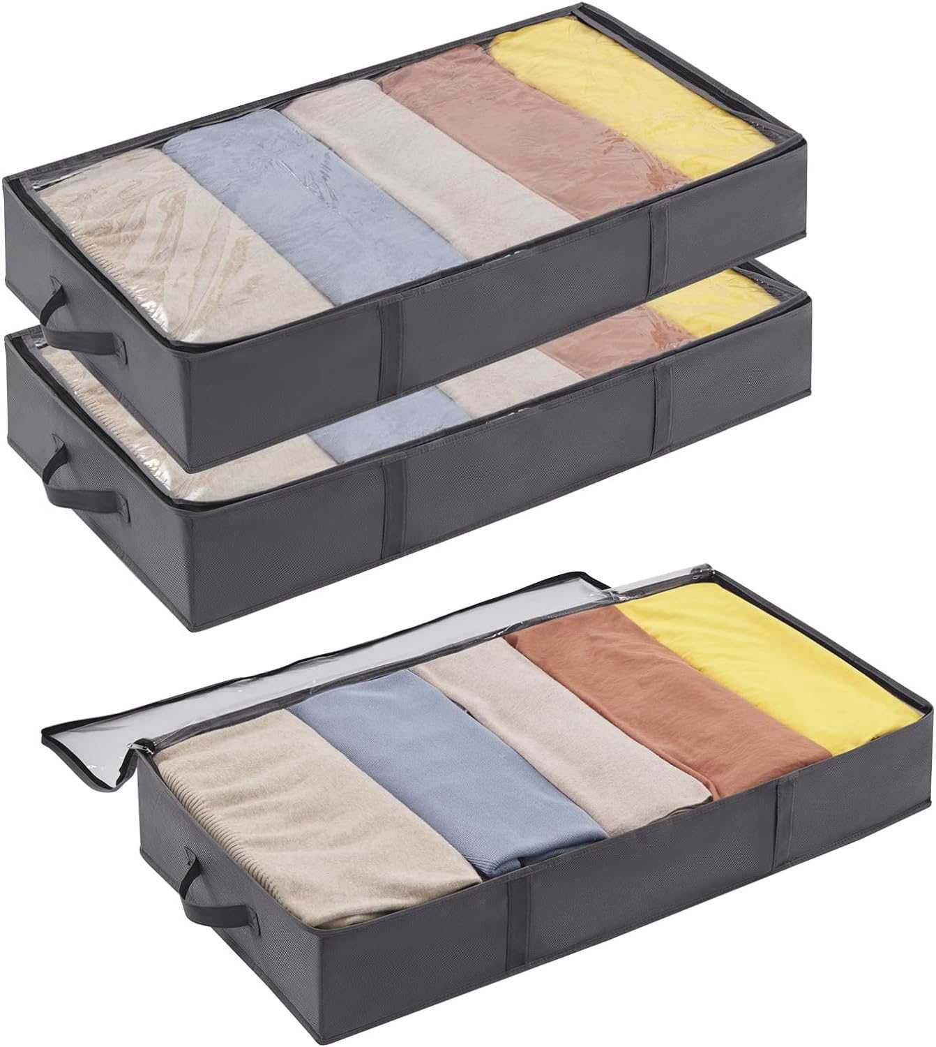 3 Pack Torby do przechowywania pod łóżkiem z pokrywką 65L, Szara
