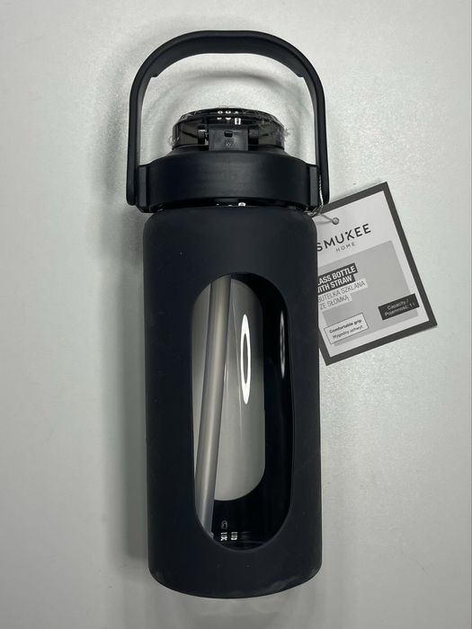 Butelka szklana Bidon Smukee ze słomką uchwyt 1L czarna