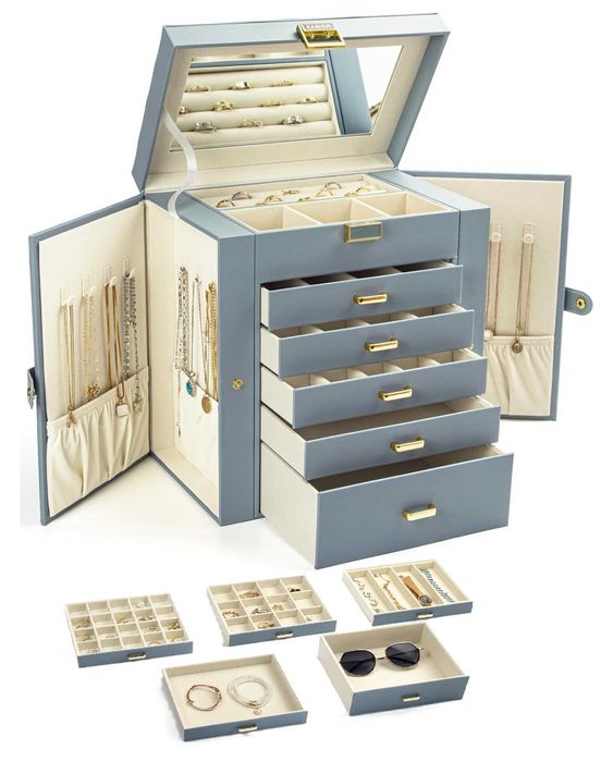 Pudełko Biżuterię Szkatułka Organizer 6 Warstw Lustro 5 Szuflad Niebie