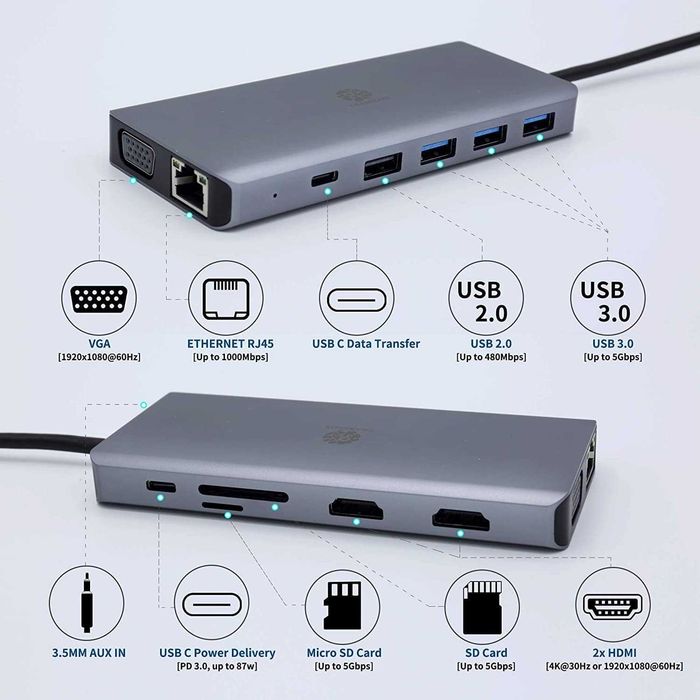 TRANSLON USB-хаб типу C, компактна док-станція, 13 в 1