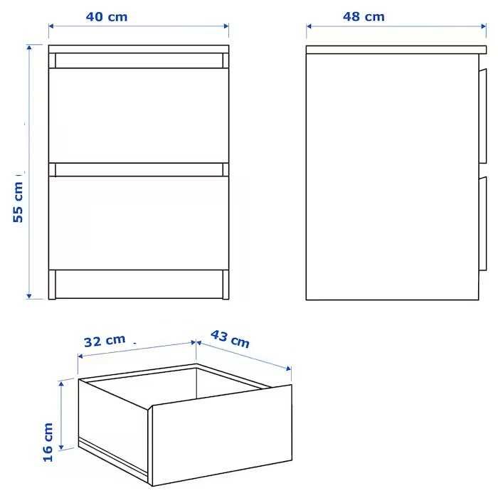 Komoda Ikea MALM, 2 szuflady, dębowa bejcowana na biało, 40x55cm