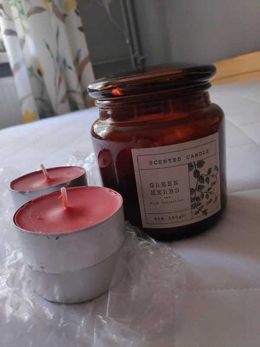 Zestaw świeczek szkło zielone zioła i 4 tealighty żurawina