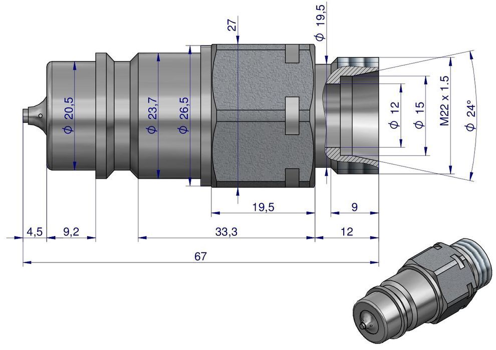 Szybkozłącze hydrauliczne wtyczka M22x1.5 gwint zew. EURO  Waryński