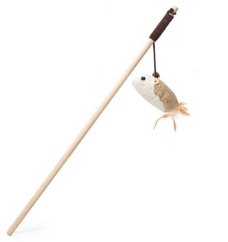 Zabawka dla kota wędka mysz z piórkami dzwonek 40 cm