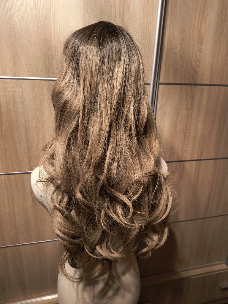 Nowa peruka! Długie włosy blond ombre fale loki z ciemnym odrostem