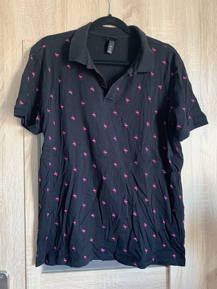 Czarna koszulka polo z flamingami H&M