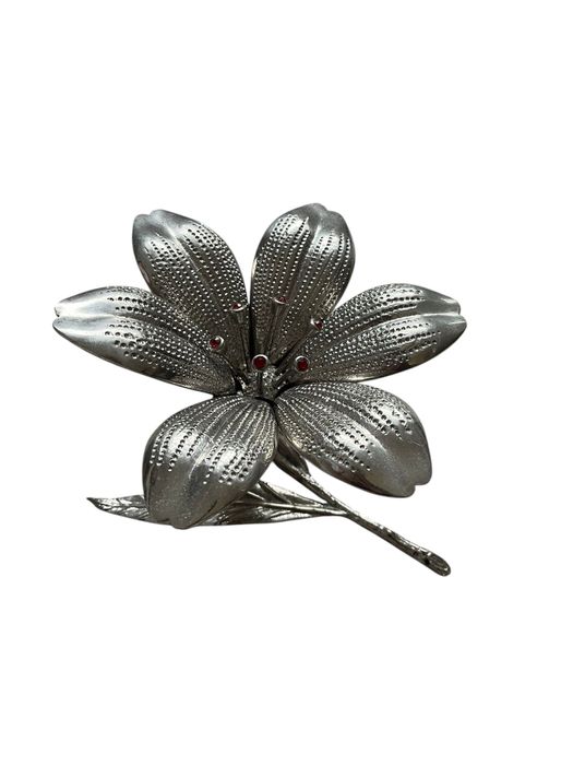 Cinzeiro Flor Vintage Prateado com Pérolas Vermelhas – Anos 80