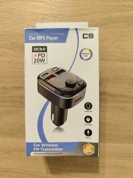 Transmiter Bluetooth z 2x USB, 1x USB-C, podświetlenie LED