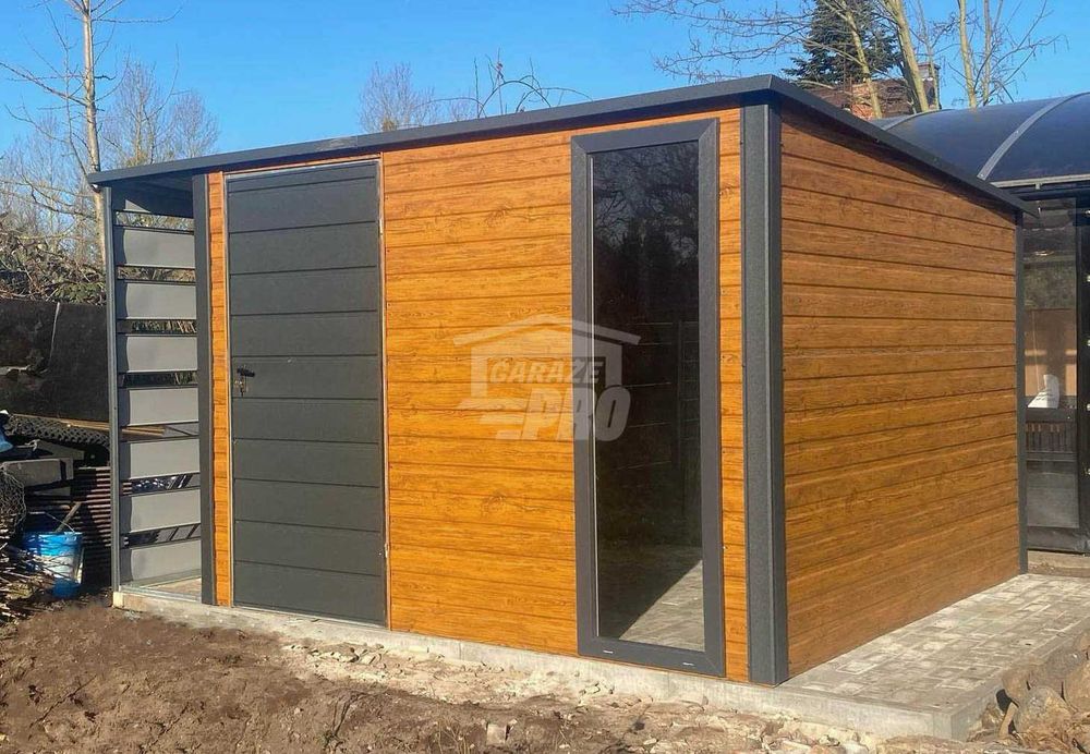 Schowek - domek ogrodowy 3,5x3m + wiata 0,7m - drzwi okno dachł GP607