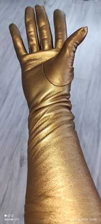 Złote długie ocieplane rękawiczki skóra naturalna roz  6,5cm