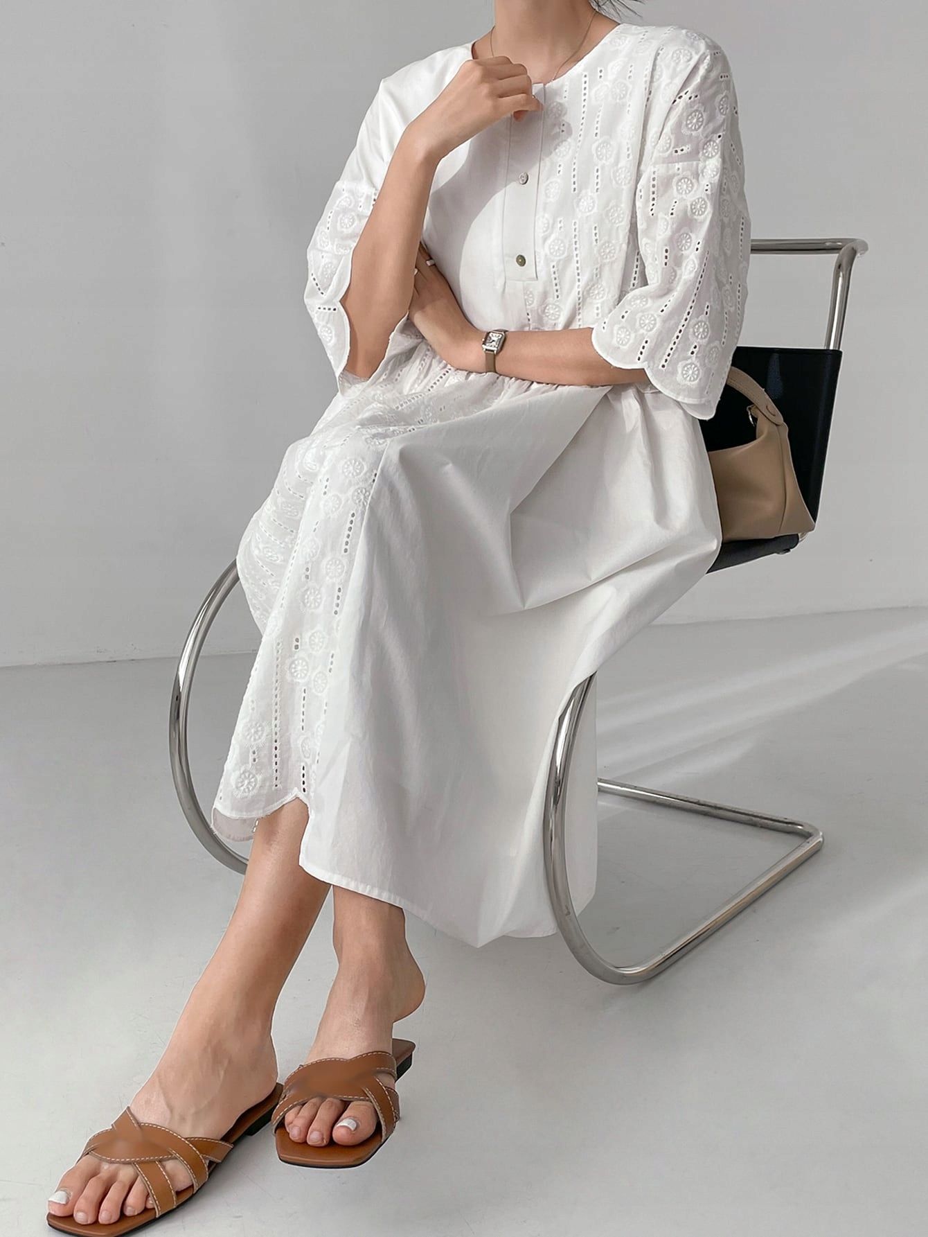 Sukienka Koszulowa Ażurowa Bawełniana Boho Midi Biała Casual Dazy Xxl