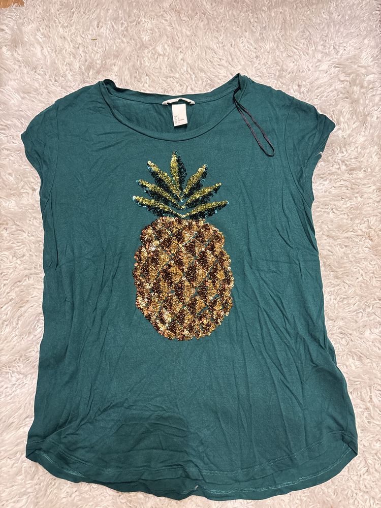 Bluzka t-shirt z krotkim rekawkiem zielona ananas cekiny h&m L 40