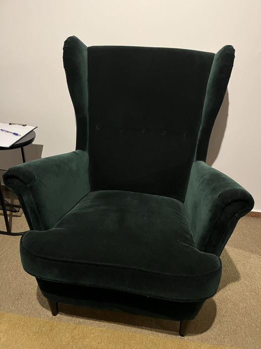 Fotele uszaki STRANDMON IKEA szary, zielony aksamit, beż sztruks